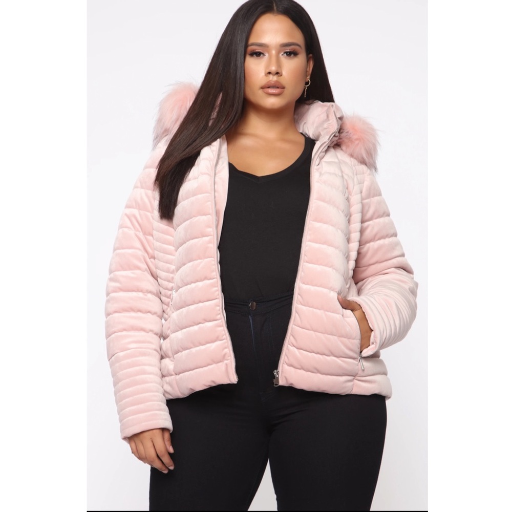 Velvet puffer jacket faux fur detachable hood coat